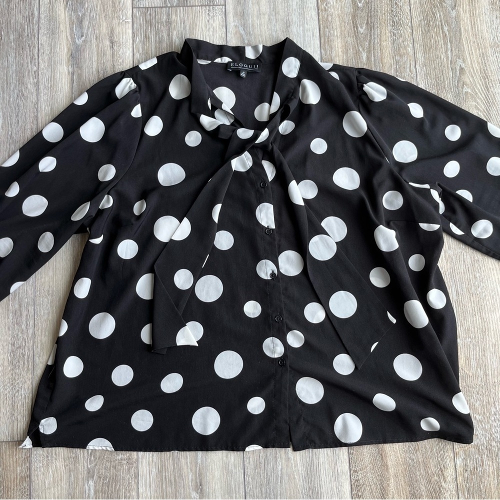 Eloquii Size 26 Top Black White Polka Dot Blouse Shirt Button Up Womens